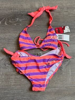 Hello Kitty Coral Pink and Purple Striped Girls' Bikini
